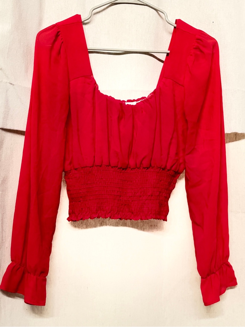 Red Smocked Long-Sleeve Square-Neck Crop Blouse